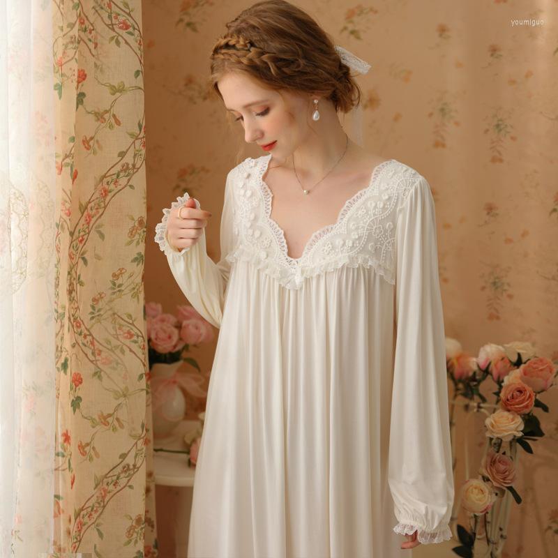 

Women's Sleepwear Princess Nightdress Long Sleeve White Pink Modal Cotton Sweet Lace Fairy Night Dress Women Nightwear Vintage Nightgown