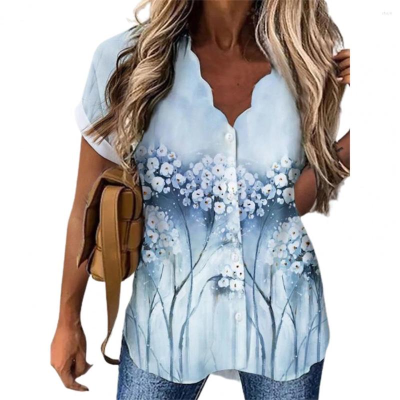 

Women's Blouses 2023 Women Shirt Casual Short Sleeves Buttons Closure V Neck Spring Summer White Flower Print Ladies Blouse Top, Sky blue