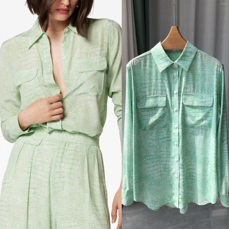 

Women' Blouses Silk Women' Fresh Texture Print Green Shirt 2023 Spring Ladies Double Pockets Single-Breasted Long-Sleeved Blouse