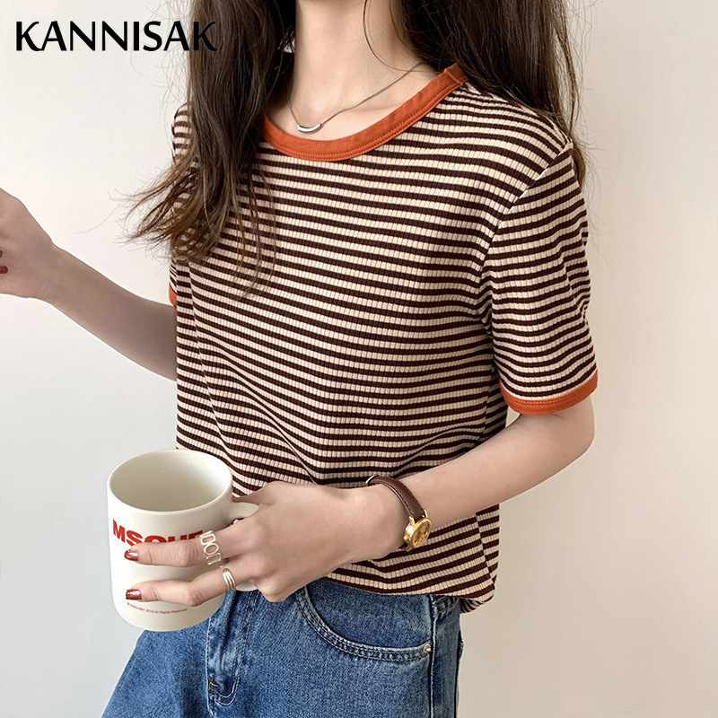 

Women's T-Shirt Women T-shirt Summer Short Sleeve Korean Loose O-neck Casual Stripe Shirts Fashion Ladies T-shirts Cotton Tees Tops 230413, Black