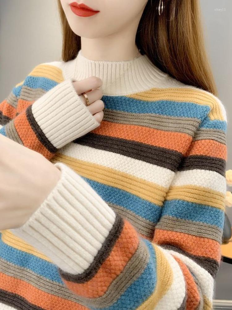 

Women's Sweaters Fashion Sweater Women Long Sleeve Basic Stripe Pullover Casual Vintage Streetwear Knitted Clothing Tops, Beige