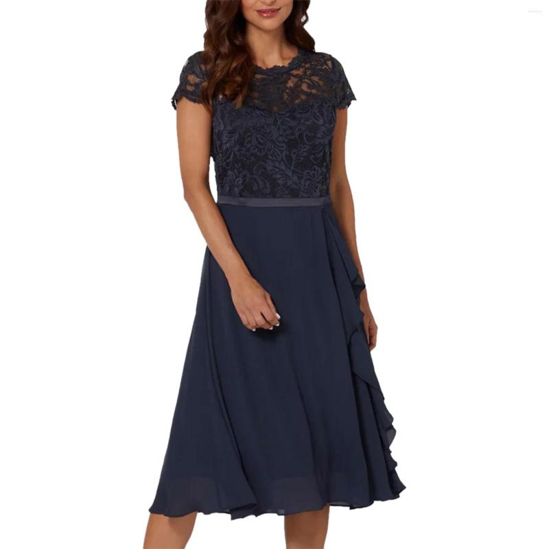 

Casual Dresses Crewneck Lace Stitching Temperament Elegant Slim Dress Rose Outfits Lost Ink, Blue