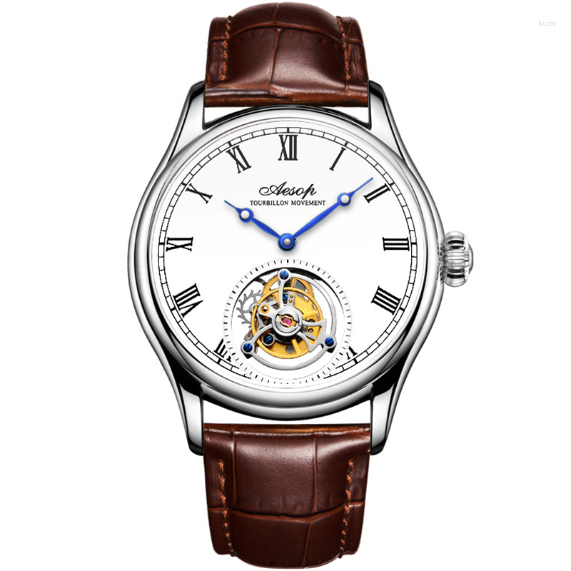 

Wristwatches Aesop Vintage Automatic Mechanical Men Watches Real Flying Tourbillon Movement Elegante Sapphire Glass Wristwatch
