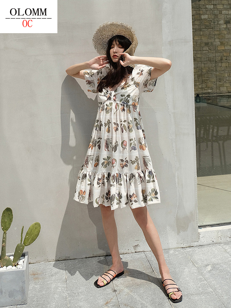 

Casual Dresses summer Women Printed dress Japanese and Korean college style V-neck Bubble sleeves fashion Long skirt A2167#230413, Blue