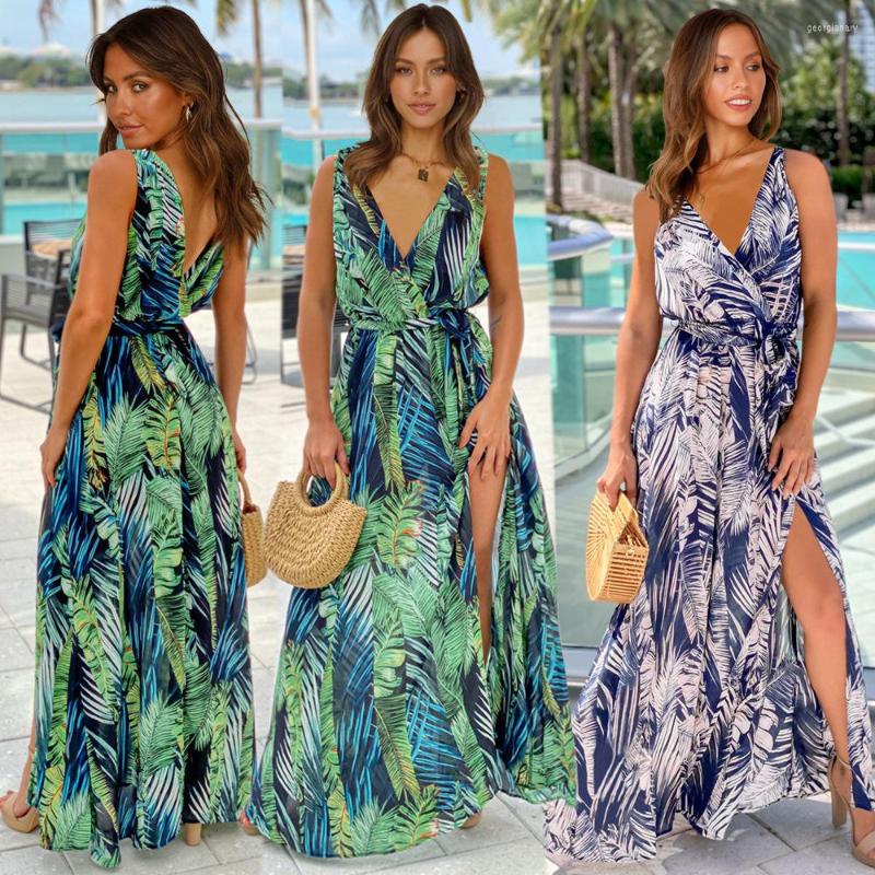 

Party Dresses 2023 Summer Dress Sexy V-neck Open Beach Floarl Print Maxi Women' Sling Floral Long, Blue