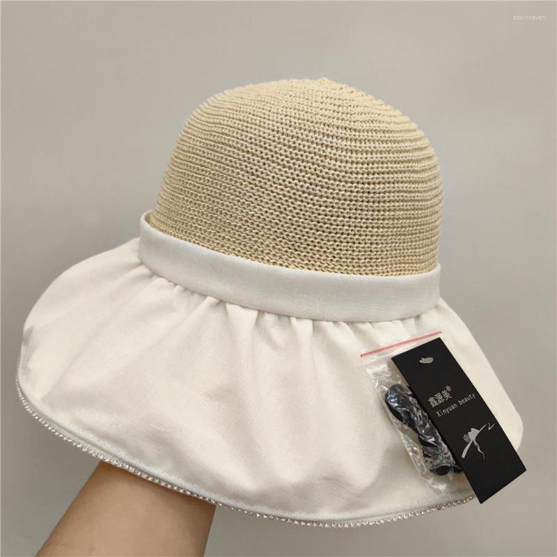 

Wide Brim Hats 202302-jy Chic Summer Breathable Hollow-out Knitted Fold Cloth Hat Lady Sunscreen Sun Women Holiday Leisure Cap, White