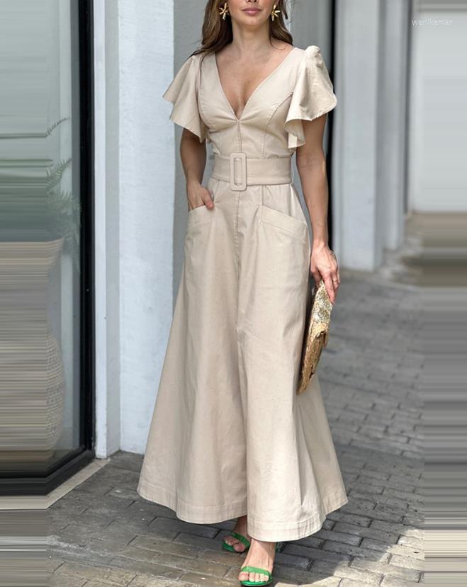 

Casual Dresses Spring And Summer Temperament Commuting Everyday Bell Sleeve Slit V-neck Front Pocket Design Dress With Belt