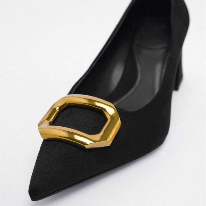 

New Sandals Black Heeled Pump Shoes Women Block Hee Heels Pointed Toe Office Lady Pumps Woman Casual Front Metal High 230406, Xt112