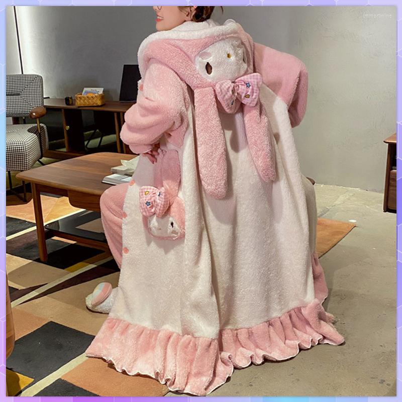 

Women' Sleepwear Femme Ears Warm Kawaii Korean Homewear Nightgowns Velvet Thick Nightdress Coral Winter Pocket Women Sleepshirts