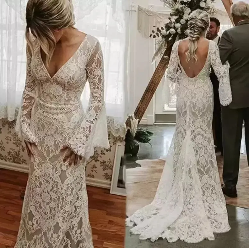 

2023 Gorgeous Lace Mermaid Wedding Dresses Bridal Gown Deep V Neck Backless Long Poet Sleeves Sweep Train Ruffles Custom Made Vestidos de novia Plus Size, Red