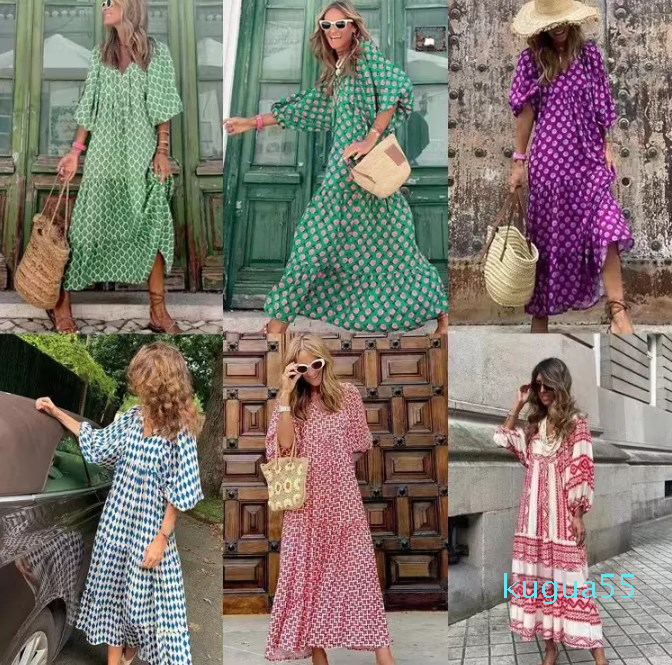 

Fashion-Spot summer new puff sleeve dress street printing V-neck street