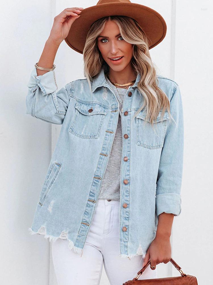 

Women' Jackets FTLZZ Spring Autumn Elegant Women Denim Jacket Coat Casual Lady Turn-down Collar Button Top Vintage Broken Hole Streetwear, Blue