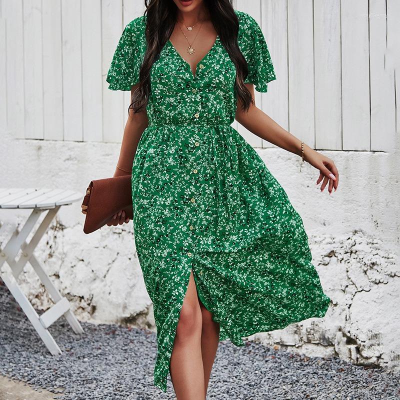 

Party Dresses Vintage Summer Dress Women Boho Beach Print Elegant Sundress Slit Belt Sexy, Green