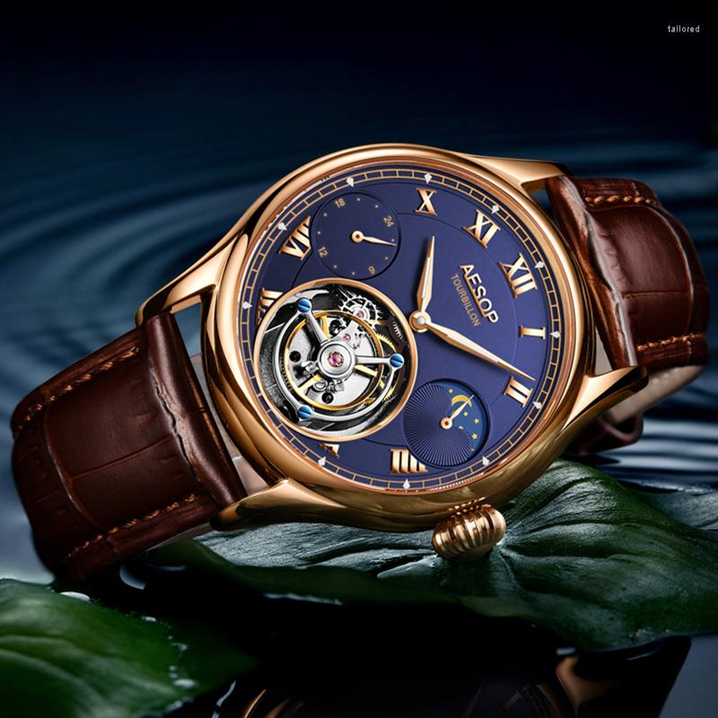 

Wristwatches Tourbillon Hand Wind Mechanical Mens Watch Business Moon Phase Sapphire Skeleton Waterproof Movement For Men