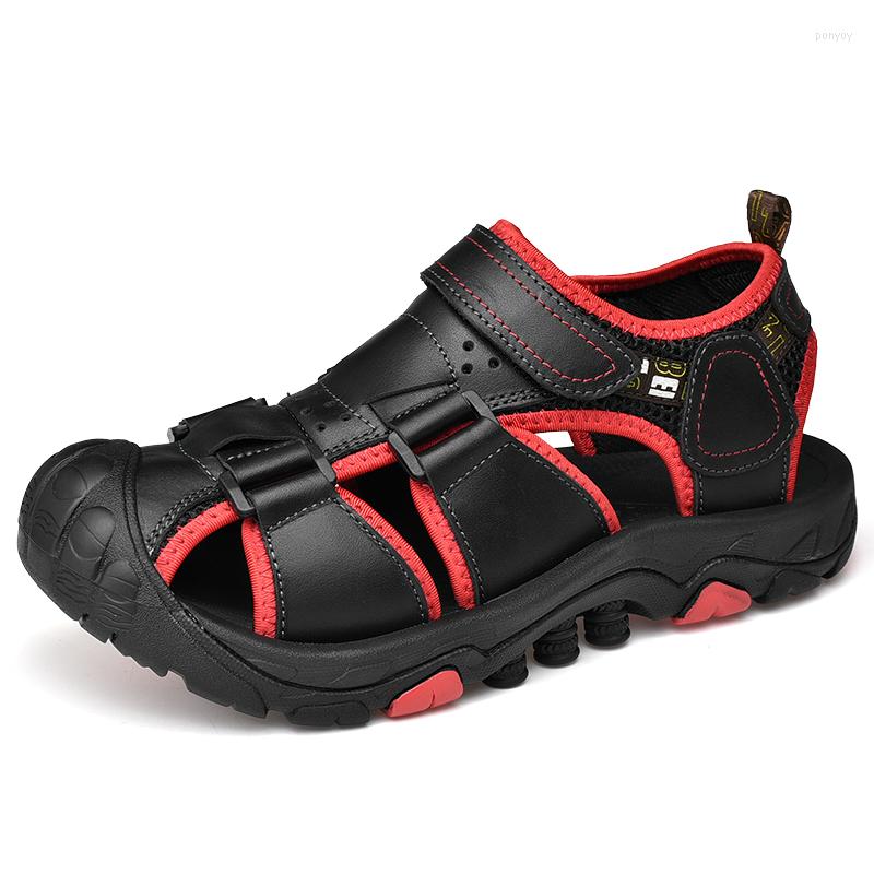 

Sandals Men Summer Genuine Leather Beach Man Roman Style Casual Shoes Brand Big Size Sneakers, Black red