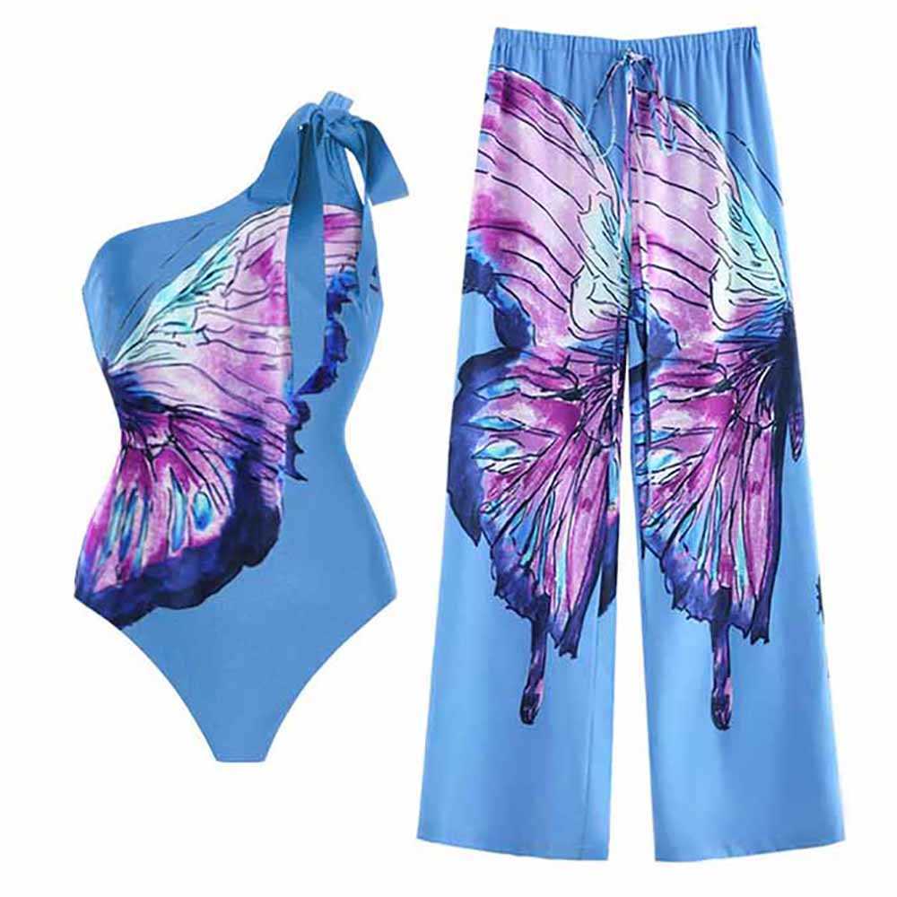 

Solid Color Butterfly Print Swimsuit One-Shoulder Lace-Up One Piece Bikini Slim High Waist Suit Fashion 2022 for Women230413, Blue