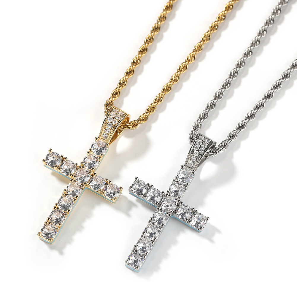 

Iced Out Vintage Cross Necklace Pendant Side Luminous Inlaid Zircon Pendant Necklace Hip Hop Jewelry Gift