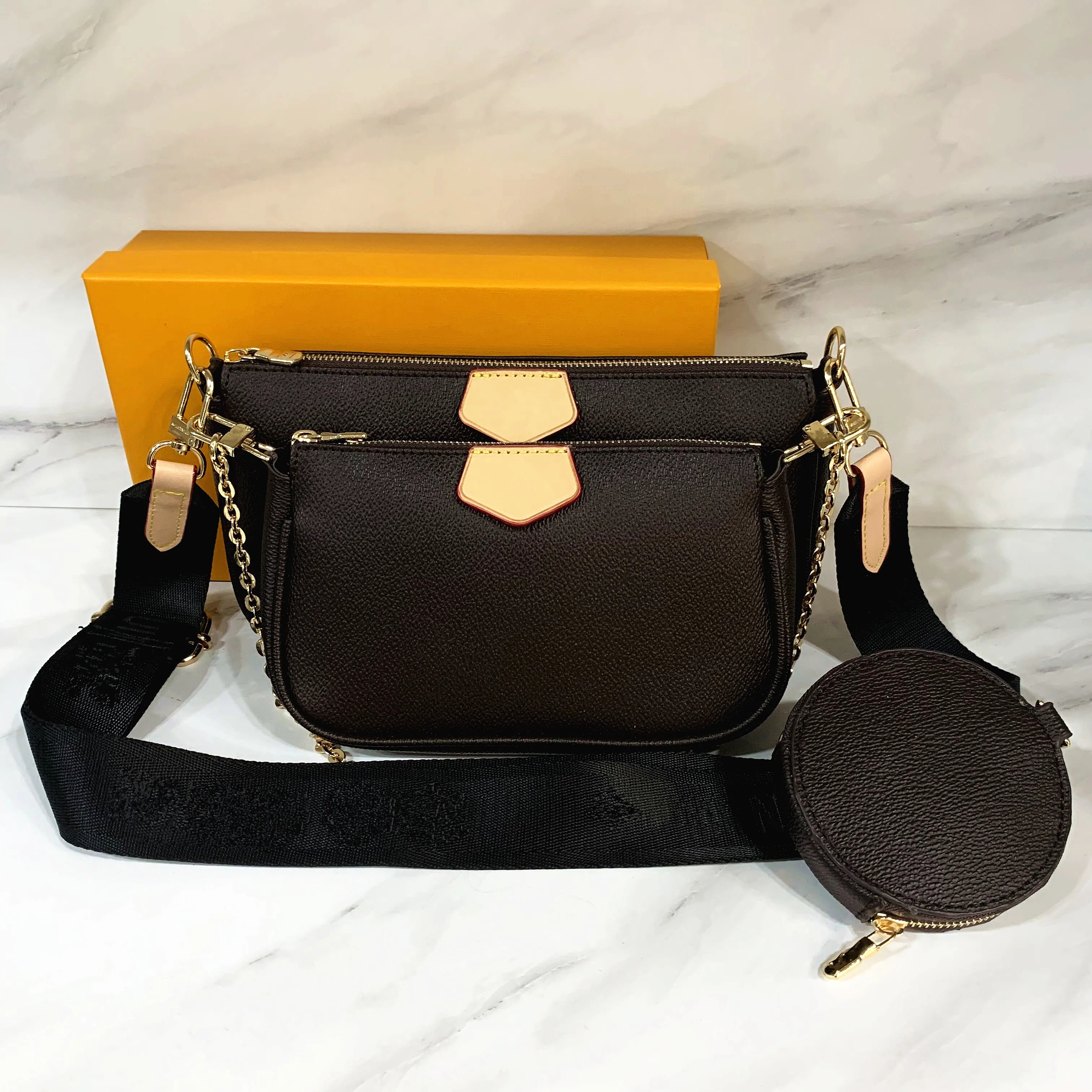 

5A Quality Leather designer bags 3pcs Detachable Trio Messenger Bags Men Crossbody 3 in 1 Set women Shoulder Bag Handbags Purse Wallet 6841548, Black