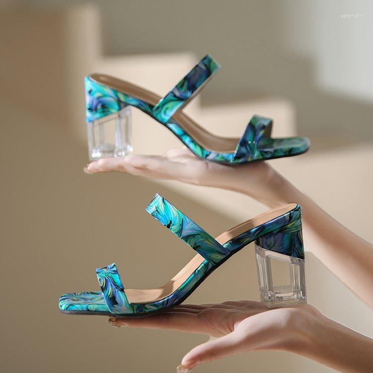 

Sandals Women's Slippers 8cmSquare Suit Is Clear SquareToe Sexy Summer Slides Fashion Simple Square Heel, Blue