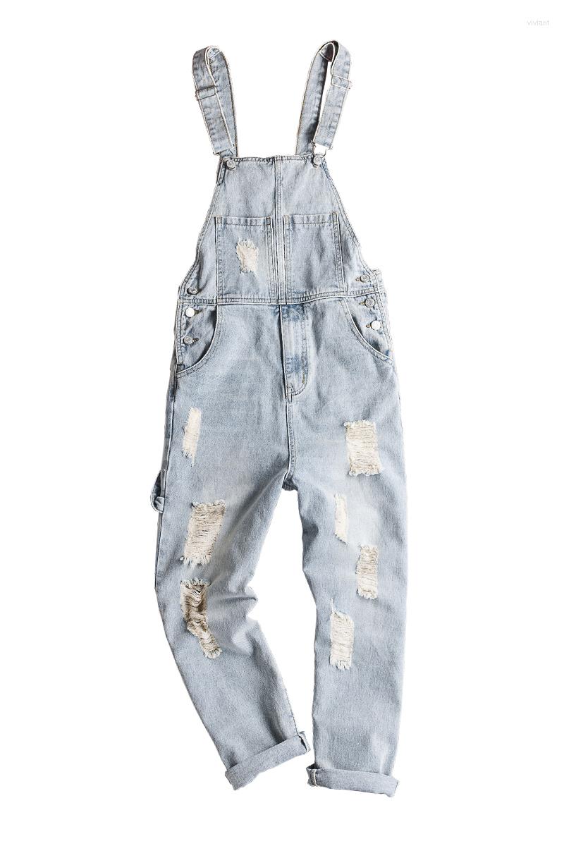 

Men' Pants Super Fire Light-colored Ripped Denim Bib Men Retro Wash Overalls Suspenders And Women Straight Jeans, Sky blue