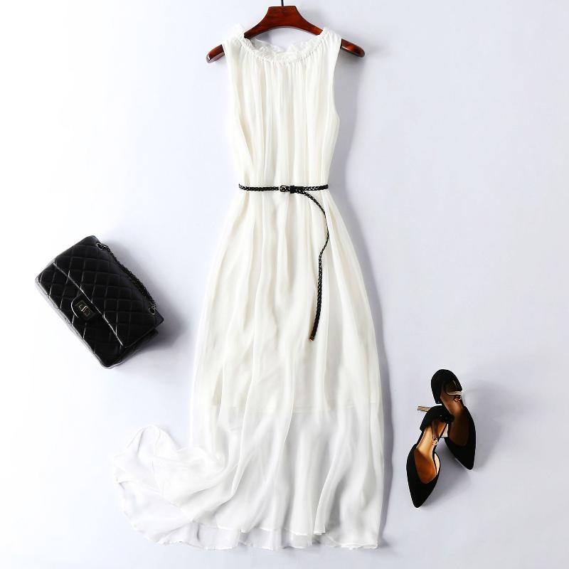 

Casual Dresses 2023 Women Spring Summer Elegant A-line Dress Female Silk O Neck Sashes Sleeveless Pleated Lady Solid VestidosK77, White