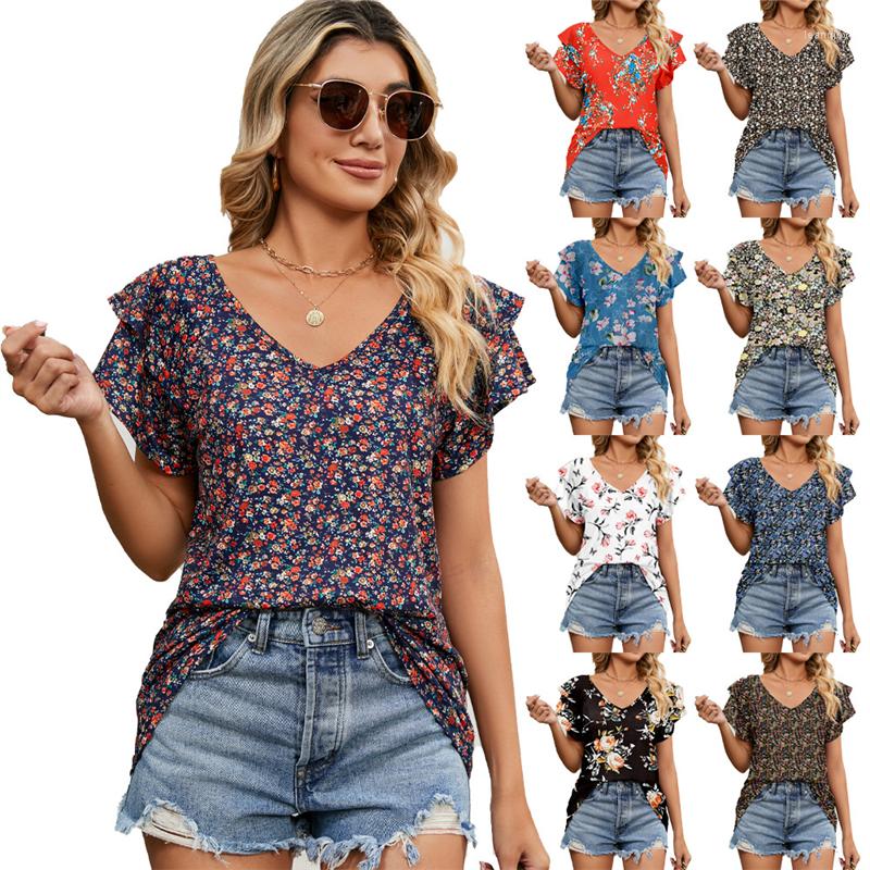 

Women' T Shirts 2023 Summer Fashion Print V-neck Double Ruffle Sleeve Loose Casual Top T-shirt Women' Trend H272