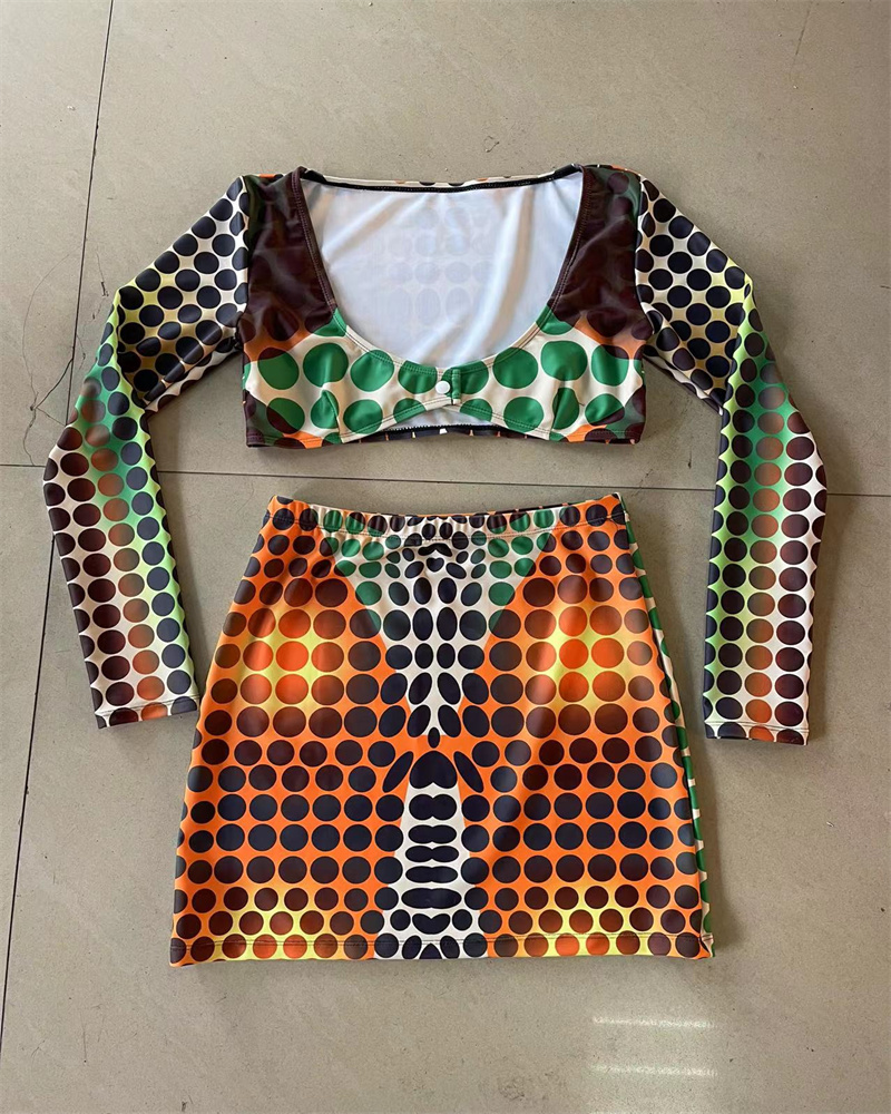 

New Two Piece Dress 2023 Spring Women'S Low-Neck Digital Print Long-Sleeved Slim Casual Short Skirt Suit, Yellow