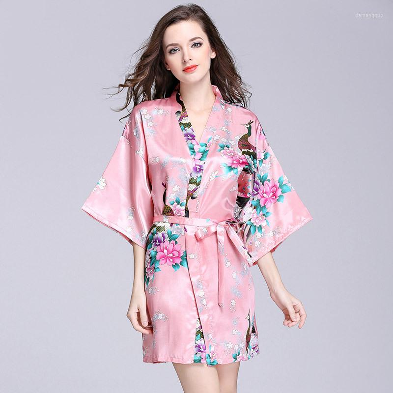 

Women's Sleepwear Summer Ice Silk Kimono Robe Bathrobe Women Faux Sexy Nightwear Printed Sleeping Robes Satin Ladies Dressing Gowns, J yellow