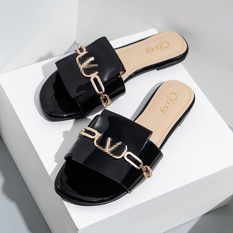 

Quality Slippers Ladies Shoes Metallic Slide Sandals Casual Flat Slippers For Women Beach Low Heel Sandals Size 37-42, Black