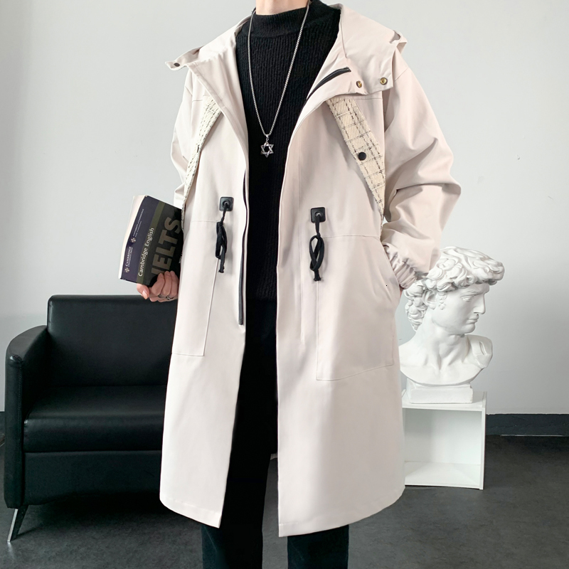 

Men's Trench Coats Coat With Hood Black Mid Long Casual Clothing 230413, Beige