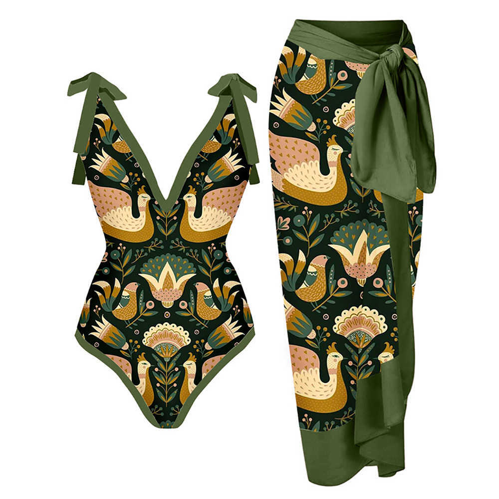 

Vintage Green Print Butterfly Strap Bikini Suit Sexy V-Neck Pull Up Backless One-Piece Swimsuit High Waist Elegant Beachwear230413