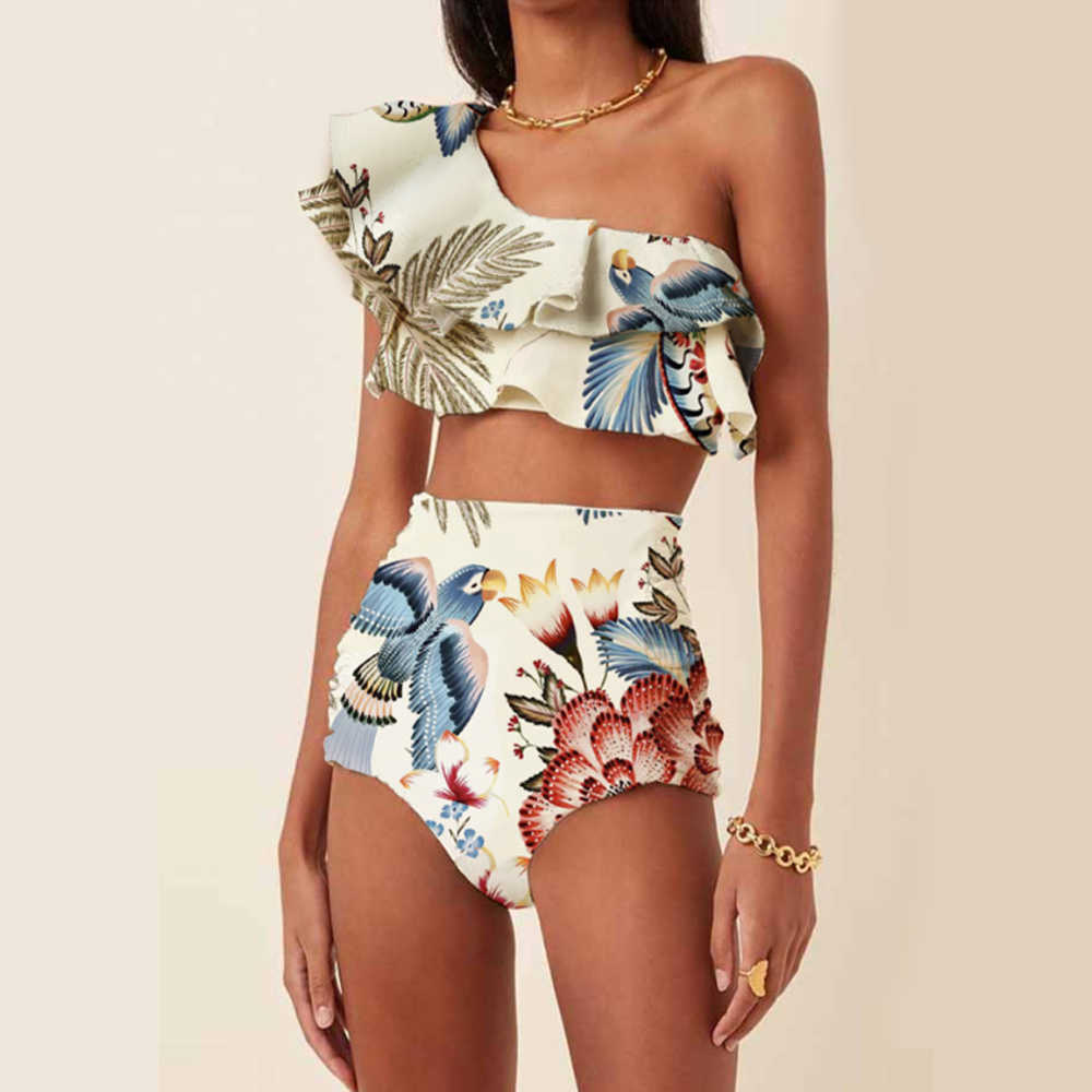 

One Shoulder Ruffled Parrot Print Fashion Bikini Two Piece High Waist Cut Slim Fit Sexy Backless Beachwear Women Push Ups230413, Auburn