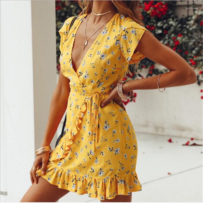 

Casual Dresses Summer Womens Dress Floral Printing Wrap Short Sleeve Ladies Sexy Deep V-neck Ruffles Party BeachMini, Yellow