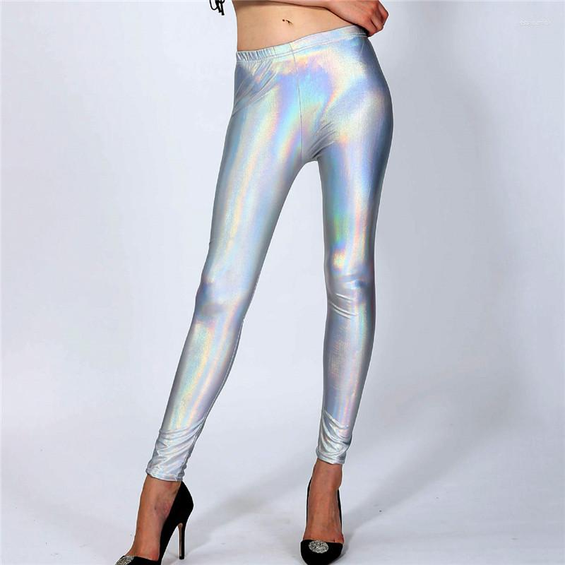 

Women's Pants Glitter Holographic Pu Long Rainbow Color Striped Elastic Pencil Sexy Women Skinny Trousers Streetwear 2023 Fall, Silver