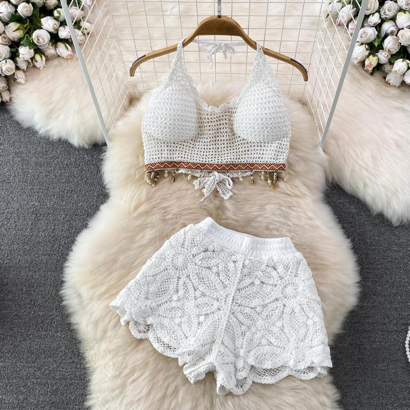 

Women's Tracksuits Seaside Holiday Fashion Suit Women's Tassel Vest 2pcs Set Of High-waisted Hollowed-out Shorts Sets, 14