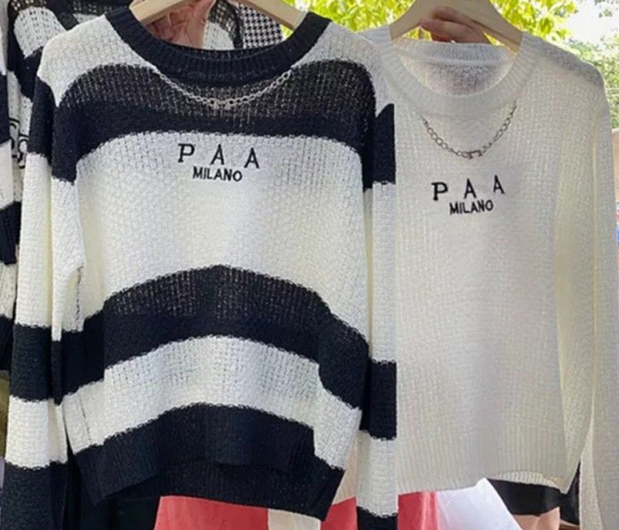 

023 Italy Milano fashion brand designer womens knits wear net red with hollow front letter embroidery loose comfortable personality trendy shirt triangle logo tees, P r a d a 1