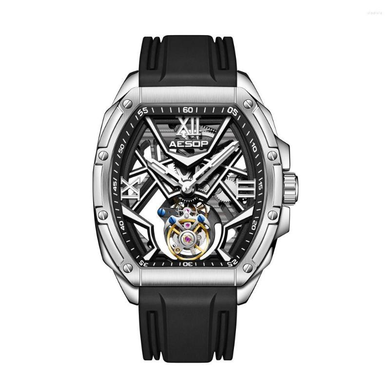 

Wristwatches AESOP Men Skeleton Tourbillon Watch Super Luminous Sapphire Rubber Strap Rectangle Dial Manual Winding Mechanical Wrist Watches, Red dial