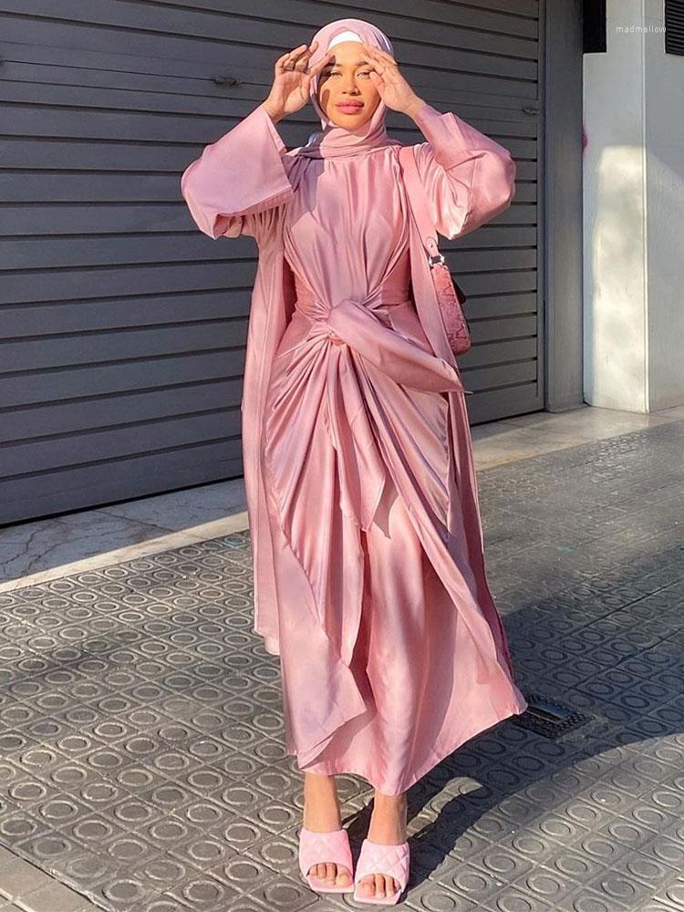 

Ethnic Clothing Muslim Sets 2 Piece Women Eid Satin Open Abaya With Wrap Front Inner Long Sleeve Dress Suit African Dresses Dubai Turkey