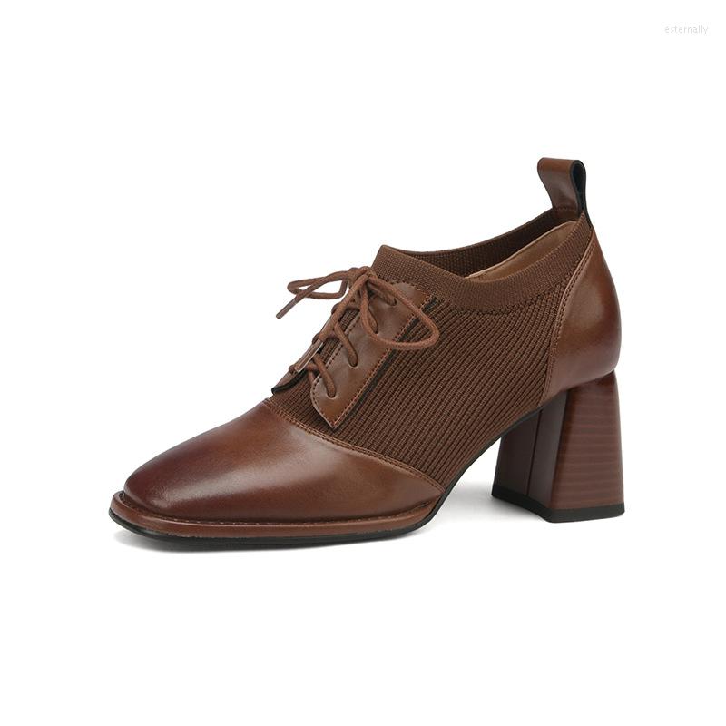

Dress Shoes 2023 Spring Autumn Brown Retro Lace-up Women's Commuter Comfortable High Heels Thick Heel Deep Mouth