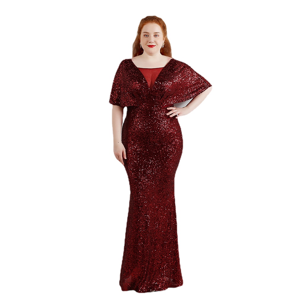 

White Plus Size Green Sequin Evening Dress Short Sleeve Elegant Women Party Dress Long Black Prom Dress