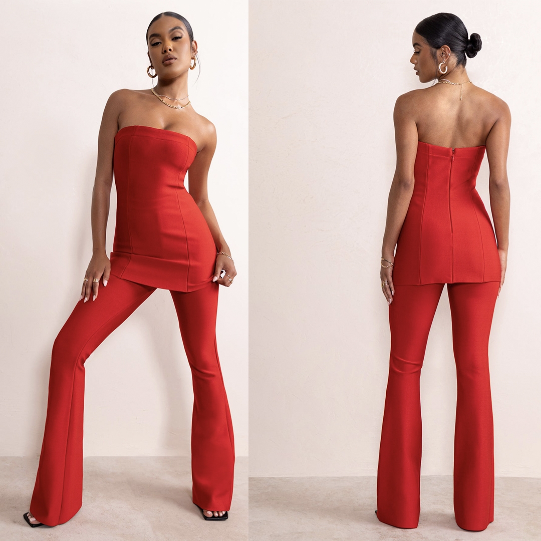 

Red Mother of the Bride Pants Suits Strapless Backless Ladies Women Evening Party Blazer Wear Flared Trousers Sets 2 Pieces