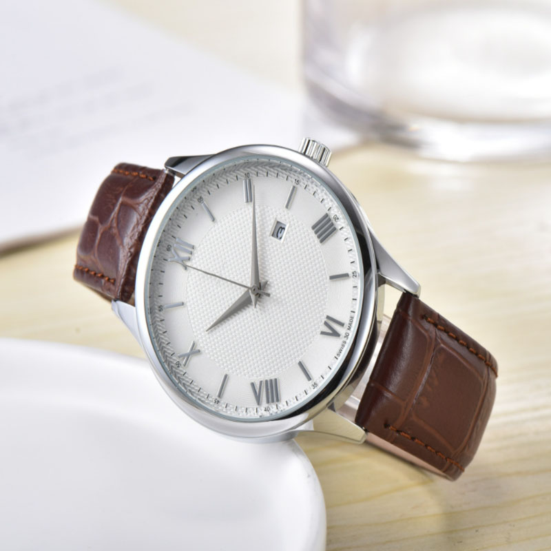 

Top brand men watches round case leather strap quartz movement auto date fashion wristwatch designer clock
