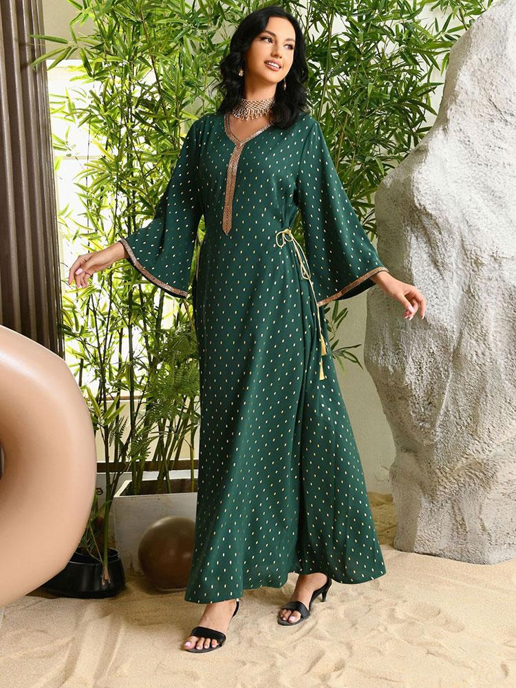 

Ethnic Clothing Beaded Abaya Arabic Long Dress Women Tassel Gold Stamping Flare Sleeve Moroccan Kaftan Muslim Eid Ramadan Dubai Modest