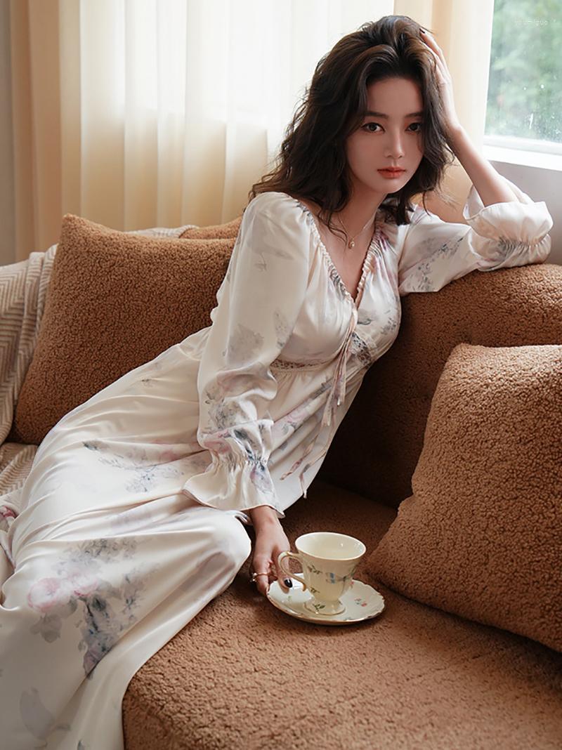 

Women' Sleepwear French Spring Long Flare Sleeve Silk Pajama Dress Women Print V-neck Lace-up Fairy Backless Princess Home Clothes, Apricot