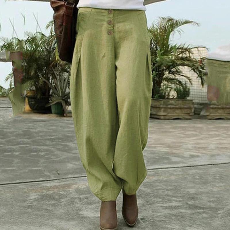 

Women's Pants Cargo Women Plus Size Cotton Linen Long Pant Button Elastic Waist Casual Trousers Clothing Pantalones De Mujer, Green