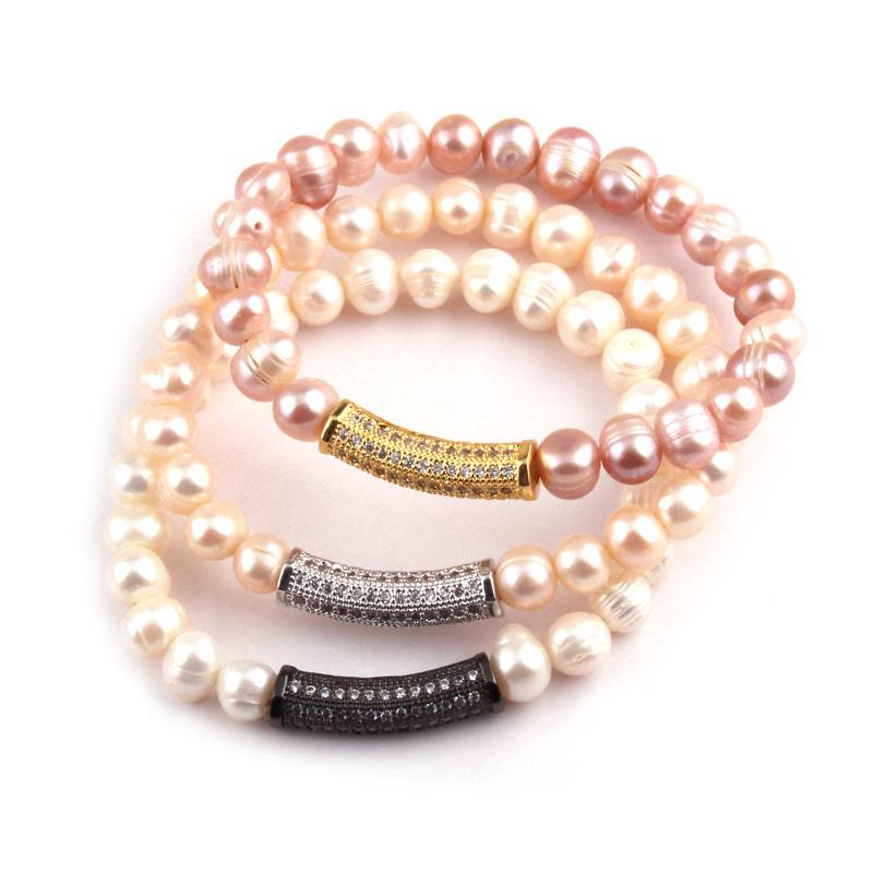 

Strand Fashion Women Freshwater Pearls Bracelets Hematite Gold Zircon Paved Bar Pearl Bracelet Beaded Strands
