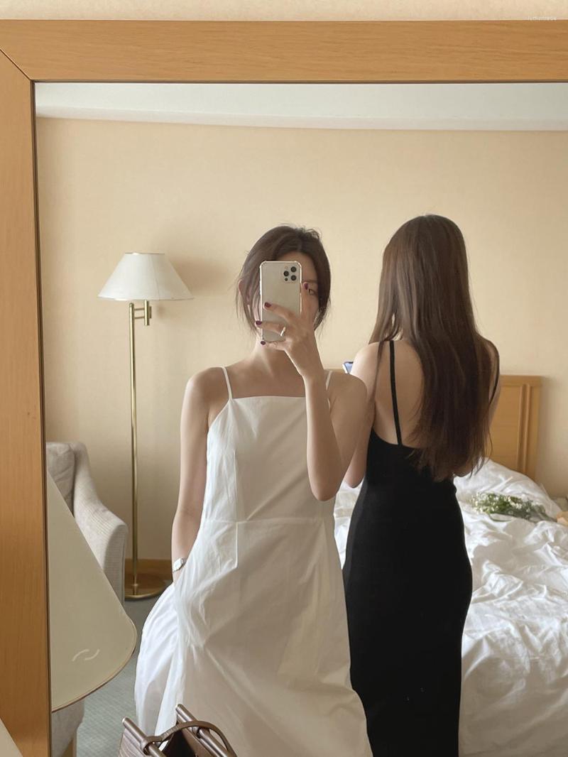 

Casual Dresses South Korea Dongdaemun Ins Summer French Niche Solid Color Dress Female Slimming Back Slit Suspender Long Skirt, Black