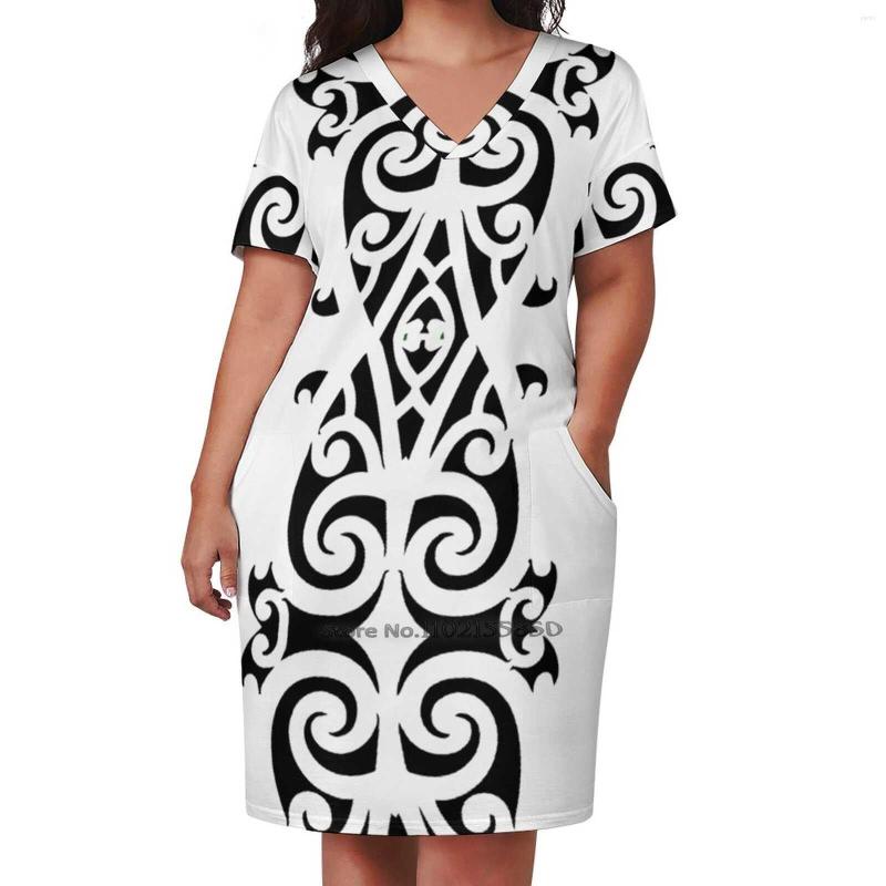

Casual Dresses Black And White Bold Maori Design Art Zealand Loose Pocket Dress Summer Sexy V Neck Print Short Sleeve, Nz003
