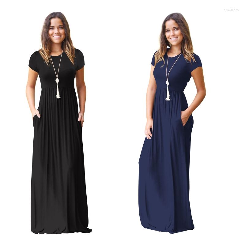 

Casual Dresses Women Short Sleeve O-Neck Pleated Hem Plain Loose Maxi Long Dress With Pockets 10CD, Black