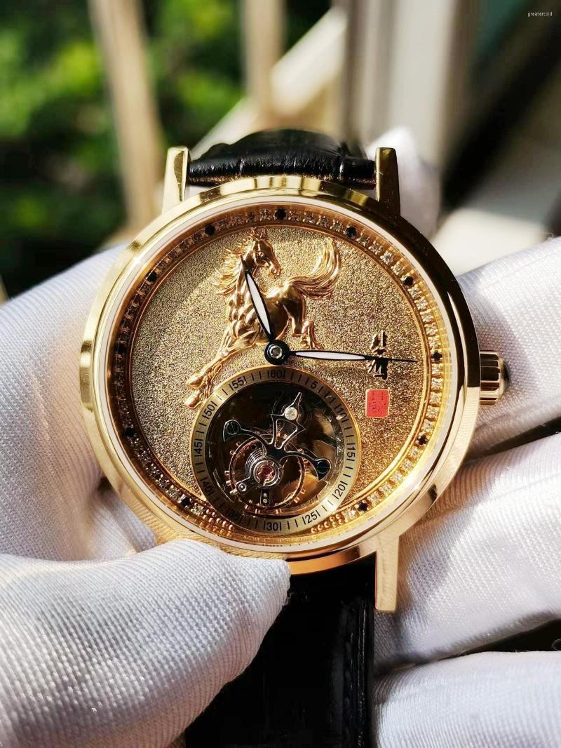 

Wristwatches Luxury Business Men Watch Mechanical Tourbillon Sapphire Mirror 18K Gold Plated Case Horse Embossed Personality Gift Man Clock, Women watch-d